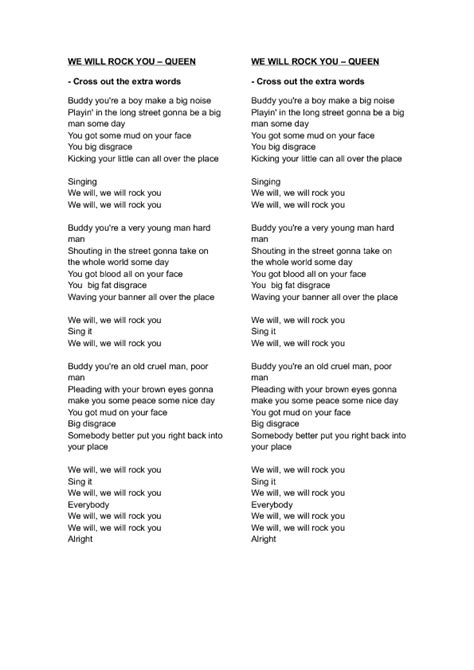 Song Worksheet: We Will Rock You by Queen