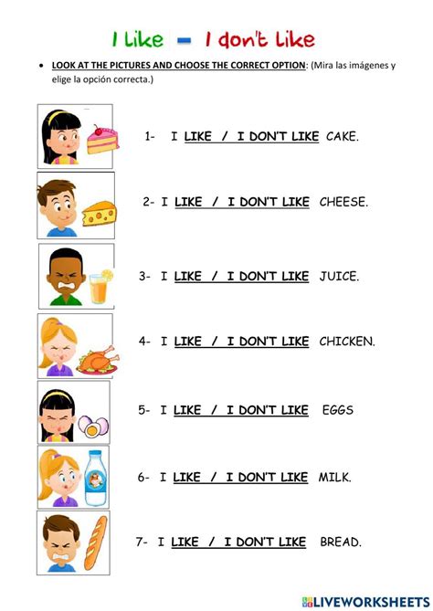 I Like - I don't like worksheet | Learning english for kids, English ...