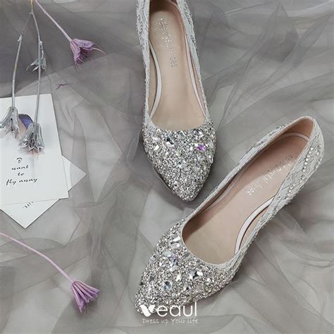 Sparkly Silver Wedding Shoes 2018 Lace Crystal Sequins Leather 8 cm Stiletto Heels Pointed Toe Pumps