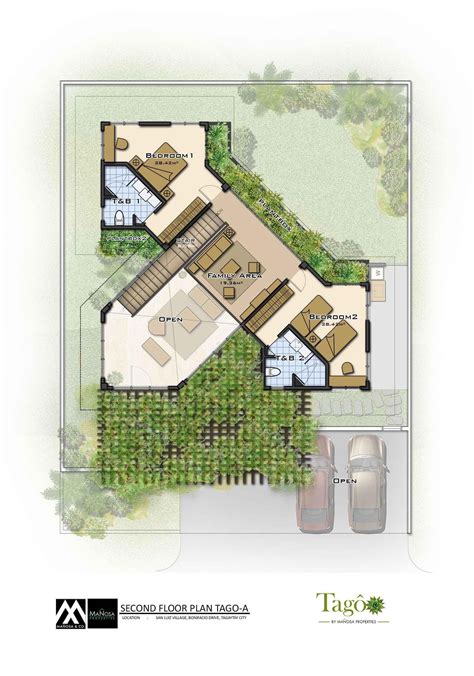 the floor plan for a house with two cars parked in front of it and an ...