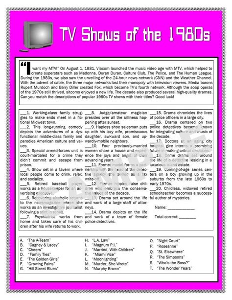 TV Shows of the 1980s Printable Matching Game TV Trivia | Etsy in 2020 ...