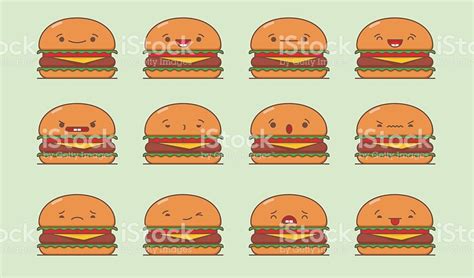 Set of vector kawaii burger emoticons. Isolated on green background.