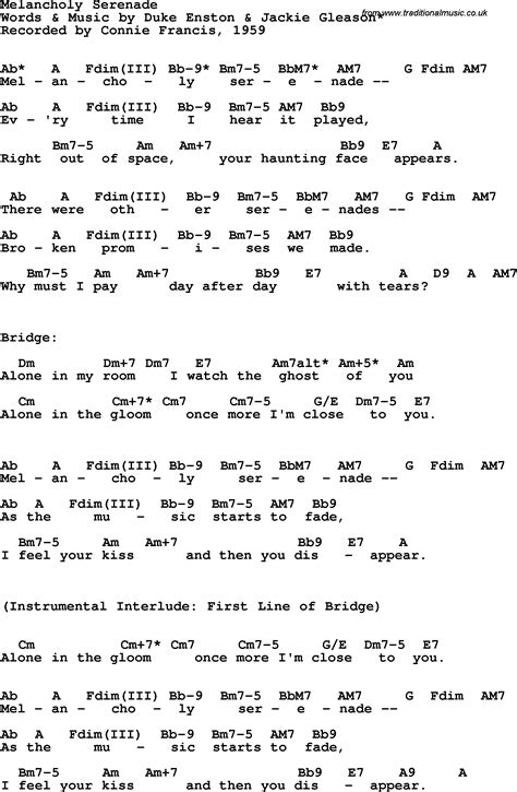 Song lyrics with guitar chords for Melancholy Serenade - Connie Francis, 1959