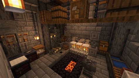 the interior of a minecraft house with lots of wood and stone furniture, including a fireplace