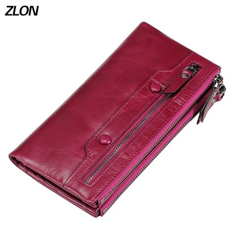 ZLON Women's Double Zipper Wallets 100% Oil Wax Leather Ladies Purses Coin Pocket Long Wallet ...