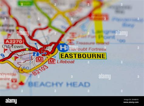 Eastbourne and surrounding areas shown on a road map or Geography map ...