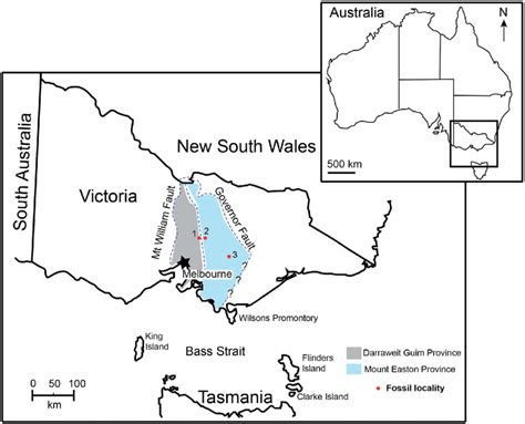 Map of Victoria, Australia, showing the fossil localities (1 ¼ Yea, 2 ¼ ...