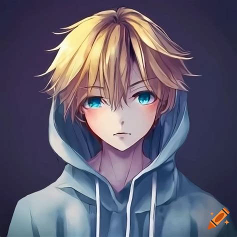 Anime boy with blonde hair in a hoodie with aethstetic clouds behind ...