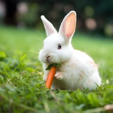 Premium Photo | A white rabbit eating a carrot in the grass.