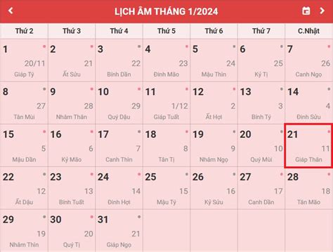 Lịch âm 22/1 - Âm lịch hôm nay 21/1 - Lịch vạn niên ngày 21/1/2024