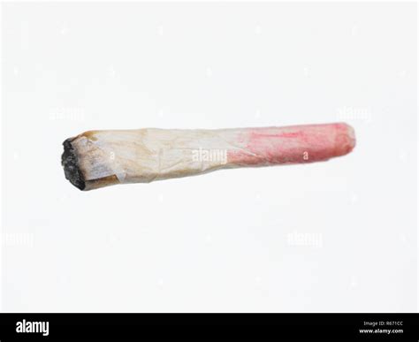 A cannabis cigarette aka "joint" that has been smoked by a woman wearing lipstick, leaving a ...