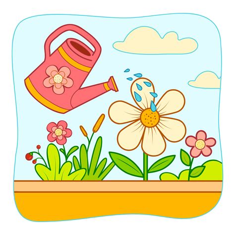 Cute Flowers and watering can cartoon. Watering flowers clipart vector. Nature background ...