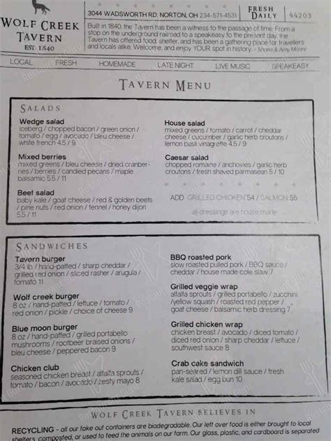 Menu at Wolf Creek Tavern restaurant, Norton