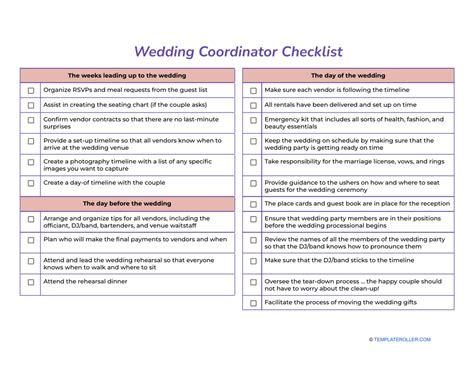 Wedding Coordinator Checklist Template Download Printable PDF | Templateroller