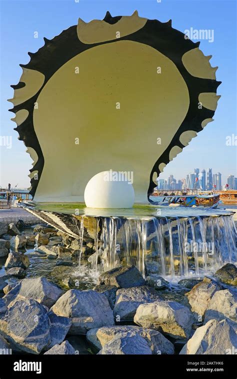 DOHA, QATAR -12 DEC 2019- The Pearl Monument, located on the Corniche ...