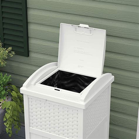 Suncast Wicker Resin Outdoor Hideaway Trash Can Bin with Latching Lid, White | eBay