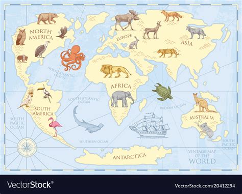 Vintage world map with wild animals and mountains Vector Image