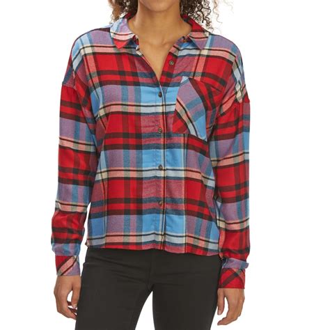 PINK ROSE Juniors' Brushed Plaid Long-Sleeve Flannel Shirt - Bob’s Stores