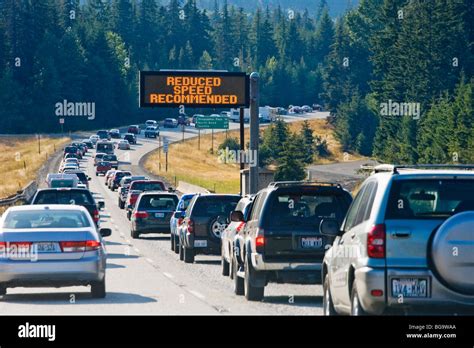 A traffic jam on Interstate 90 in the Central Cascades of Washington ...
