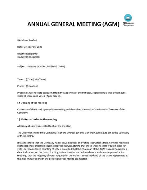 Annual General Meeting Minutes | Templates at allbusinesstemplates.com