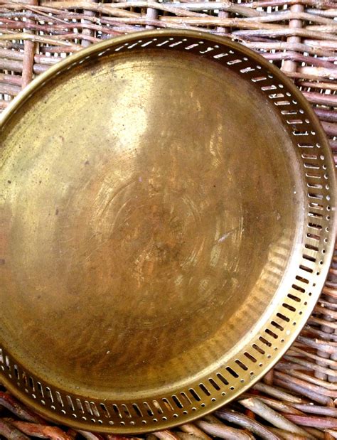 Round Brass Tray Vintage Serving Tray Reticulated Side