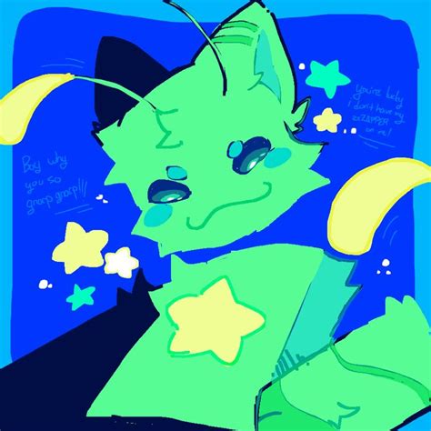 a drawing of a green cat with stars on it's chest and eyes, sitting in front of a blue background