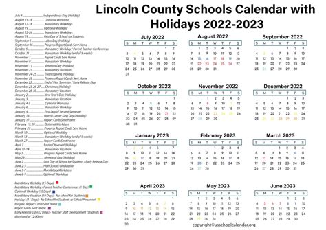 Lincoln County Schools Calendar with Holidays 2022-2023