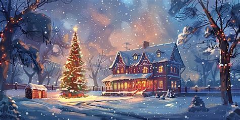 Winter Village Christmas Scene With Snow And Festive House Illustration ...