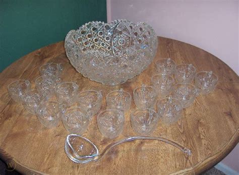 Vintage Crystal Glass Punch Bowl,18 Cups,Ladle,EAPG | #33882030