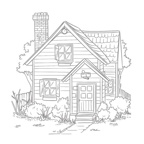 Small House Coloring Page With Some Shrubs Outline Sketch Drawing Vector, House Drawing, Wing ...