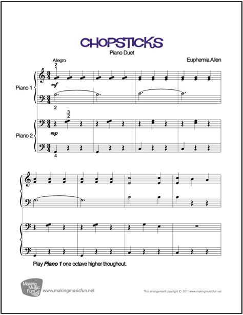 Chopsticks (Duet) | Easy Piano Sheet Music (Digital Print)