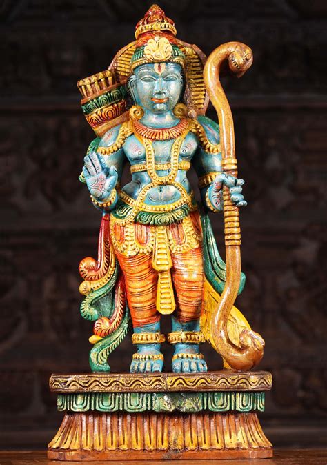 Wood Blue Lord Rama Statue Holding Bow 24" (#95w9ag): Lotus Sculpture