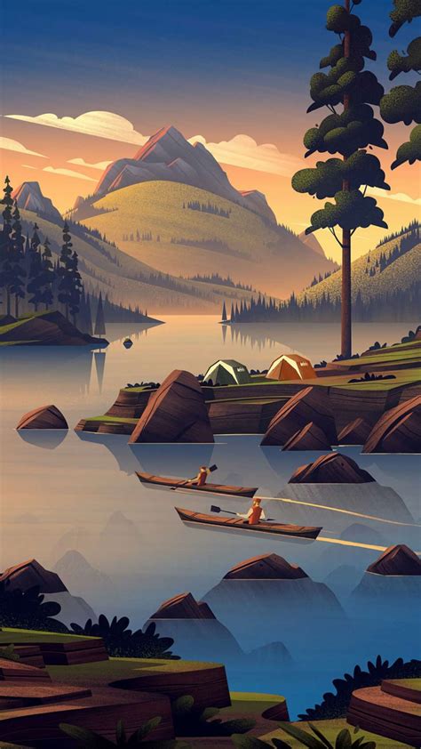 Nature Camping Art Mountains iPhone Wallpaper | Landscape art ...