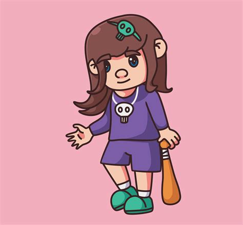cute girl gangster with baseball stick. Isolated cartoon person illustration. Flat Style Sticker ...