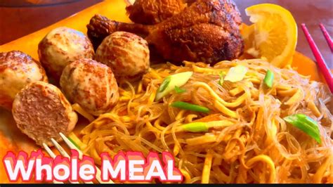 Pancit/Canton/Bihon (noodles) complete meal w/ chicken meatballs & Alfredo cheese sauce yummy ...