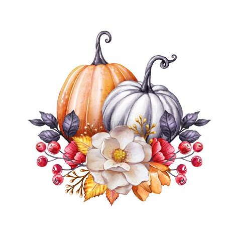 Floral Pumpkins, Thanksgiving Watercolor Illustration, Autumn Flowers ...