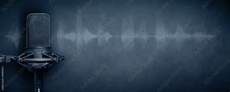 Podcast background with studio microphone and waveform on dark blue ...