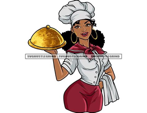 Smiling Black Female Chef Cook Restaurant Gold Plate Food Eat Burgundy ...