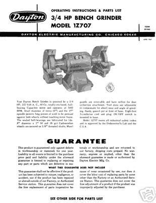 Dayton Model 1Z707 Bench Grinder Instructions & Parts