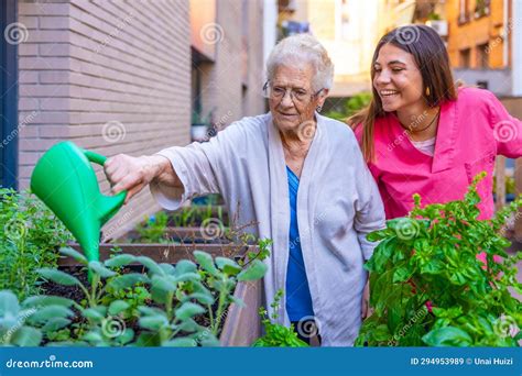 Nurse and Elder Woman Watering Herbal Plants in a Geriatric Stock Image ...