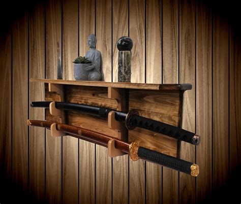 Sword Display Rack w/Shelf, Aspen Wood Wall Mount, Walnut Finish, Military Saber, Katana Samurai ...