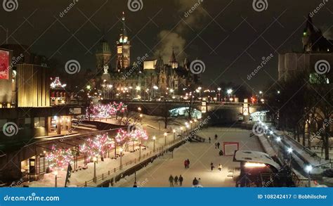 Skating on the Rideau Canal at Night during Winterlude in Ottawa, Canada. Editorial Photography ...