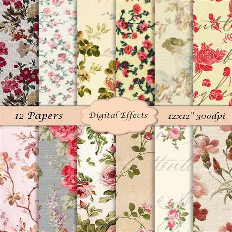 VINTAGE Floral Digital Paper 12x12 Scrapbook Paper