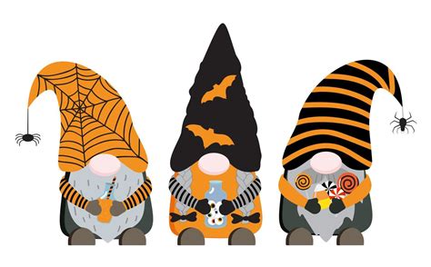 Cartoon Halloween vector gnomes in orange and black colors with potion ...