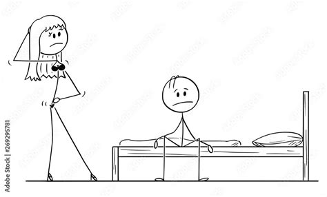 Vector cartoon stick figure drawing conceptual illustration of frustrated impotent man sitting ...