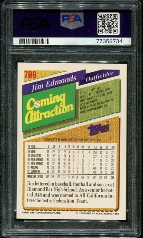 1993 Topps #799 Jim Edmonds RC PSA 9 (77359734) - All Star Cards Inc