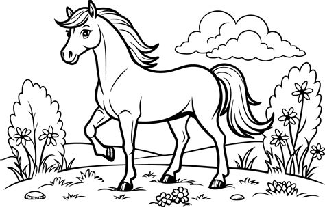 Horse in a Meadow Coloring Page - Simple Outline 46632074 Vector Art at ...