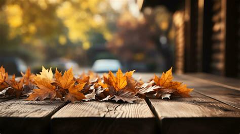 AI generated Empty wooden table with fallen leaves for cooking or food ...