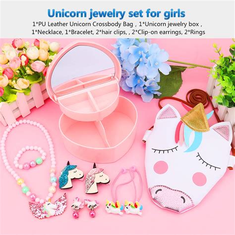 PU Leather Unicorn Crossbody Bag Hair Clips & Jewelry Box Gift Sets for Girls Bracelet Earring ...