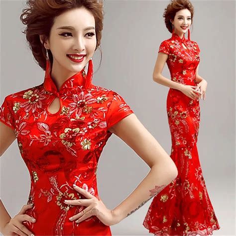 Chinese Traditional Dress Women's Satin Red Long Cheongsam dress Qipao Clothings embroidery ...